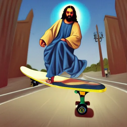 Image similar to Jesus riding a skateboard