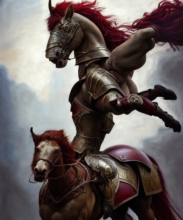 Image similar to hyperrealistic mixed media painting of a beautiful young female ranger, stunning 3d render inspired art by P. Craig Russell and Barry Windsor-Smith + perfect facial symmetry + dim volumetric lighting, dark red hair, pale skin, crimson leather armor, riding an armored warhorse, dizzy, full body, confident heroic pose, d&d, 8k octane beautifully detailed render, post-processing, extremely hyperdetailed, intricate, epic composition, grim yet sparkling atmosphere, cinematic lighting + masterpiece, trending on artstation, very very detailed, masterpiece, stunning