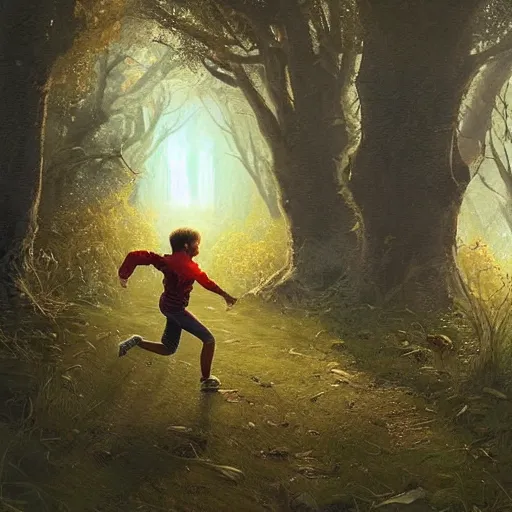 Image similar to a beautiful painting of a boy running up a hill toward a campsite being chased by bandits by Greg Rutkowski and Michael Whelan, fantasy setting,  amazing lighting, lush woodland.