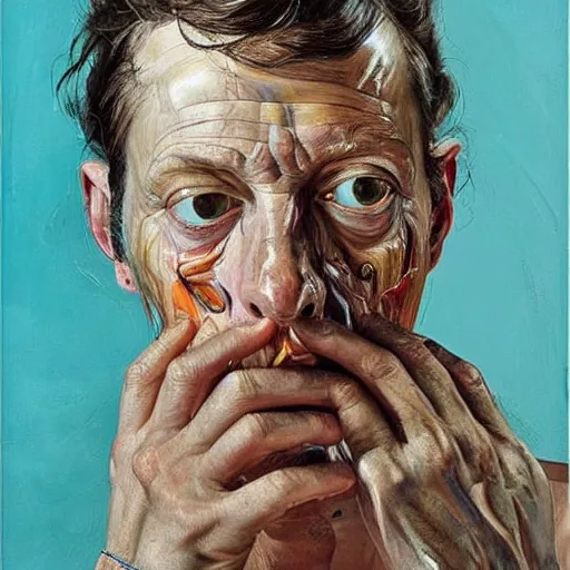 Image similar to high quality high detail painting by lucian freud and jenny saville, hd, trending on pinterest, turquoise