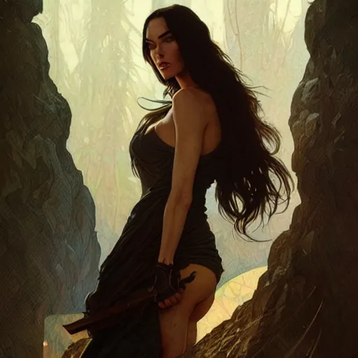 Image similar to Megan Fox , highly detailed, digital painting, artstation, concept art, sharp focus, illustration, art by greg rutkowski and alphonse mucha