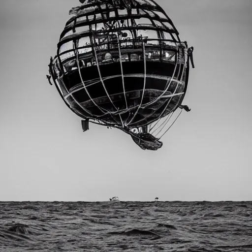 Image similar to Black and White photo of steampunk airship flying across the Atlantic Ocean