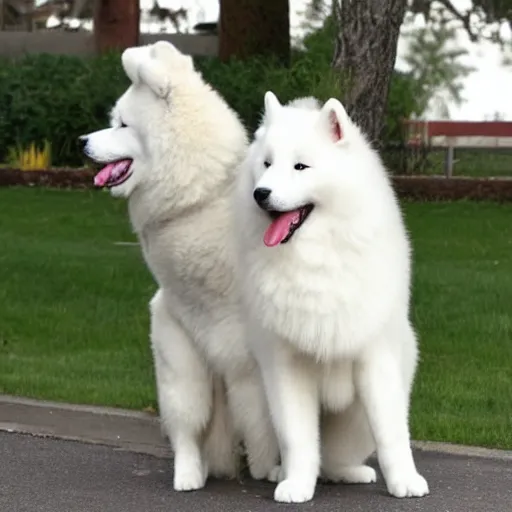 Image similar to A photo of a Samoyed dog with its tongue out hugging a white Siamese cat