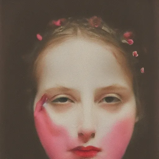 Image similar to close up of a girl morphing into flowers, watercolor vintage polaroid by gottfried helnwein, by hammershøi, art noveau, highly detailed, lights by edward hopper, liminal, eerie, bright pastel colors