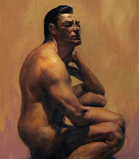 Image similar to portrait of a handsome non binary criminal lost in thought, by frank frazetta, intense desire, high quality, high detail