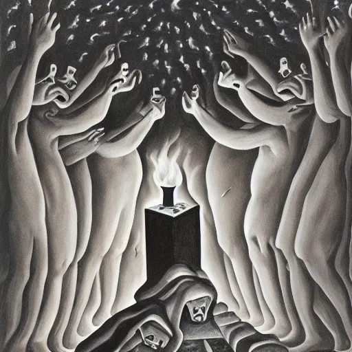 Prompt: A summoning ritual by Charles Addams, detailed, oil on canvas