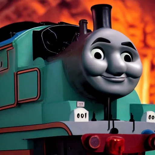 Image similar to thomas the tank engine in extremely dramatic and horrific setting, 8 k, gooey, slime, black, darkness, body horror, thomas the train, thomas the tank engine face, horror,