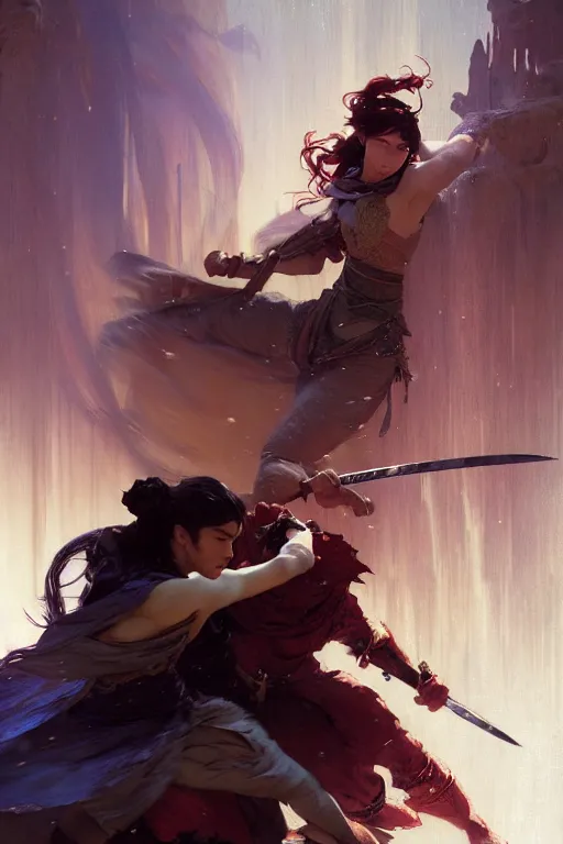 Prompt: An epic fight moment frozen time pose, between one demon slayer with one female skilled samourai , in style of by gaston bussiere, and craig mullins and greg rutkowski and alphonse mucha, awesomenes , concept art world, cinematic lighitng,