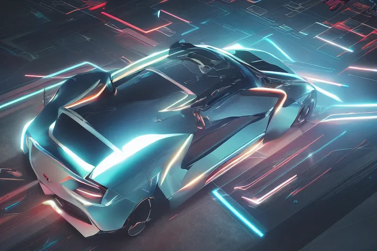 Prompt: quantum entanglement的synthwave sports car ,by Austin English ,cinema lighting,A bird's-eye view,camera view from above ,Game scene graph , very high detailed Unreal engine Works ADV