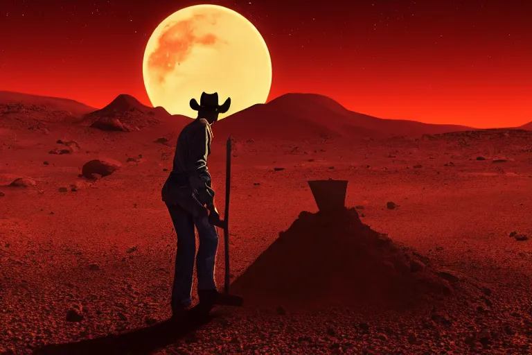 Image similar to wide shot of an old western cowboy digging with a shovel on mars, distant background, red lighting, ominous, gloomy, moonlight, bokeh, depth of field, synthwave, psychedelic, glitch, acrylic, flooko, detailed, cybernetic, sci-fi, glows,