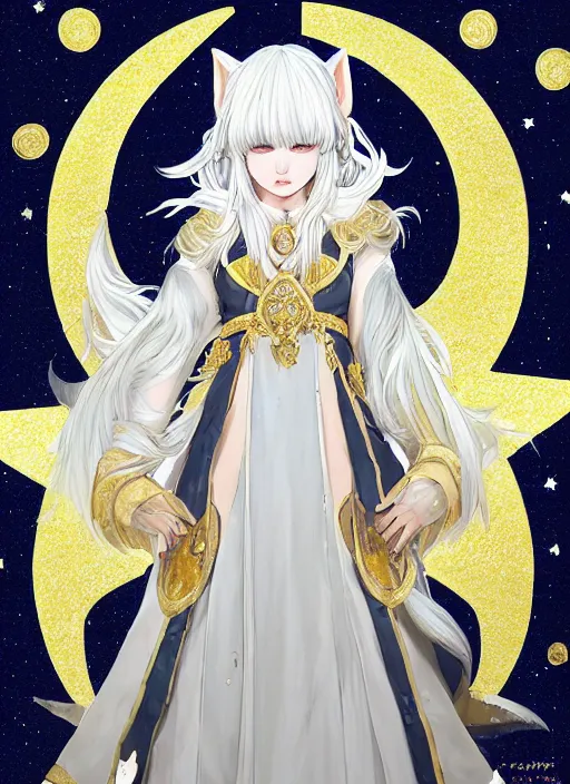 Image similar to commissioned full body portrait of a female anthro wolf princess fursona with white hair wearing a white and gold Japanese armored dress in a white and gold palace on a starry night with a large crescent moon, by a professional manga illustrator, Stanley Artgerm Lau, WLOP, Rossdraws, James Jean, Andrei Riabovitchev, Marc Simonetti, and Sakimichan, trending on artstation