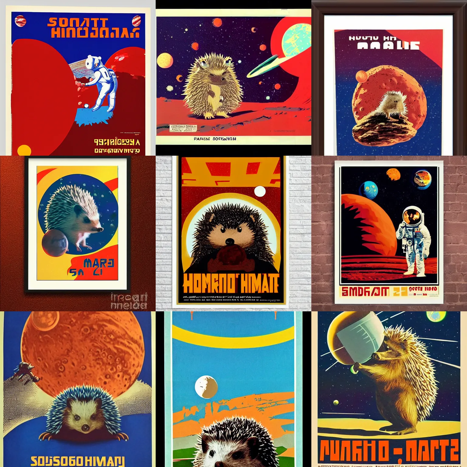 Prompt: Hedgehog cosmonaut portrait, planet mars, 60s poster, 1972 Soviet