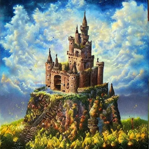 Prompt: A beautiful mixed media art of a castle in the clouds. mariachi by Bob Byerley sad