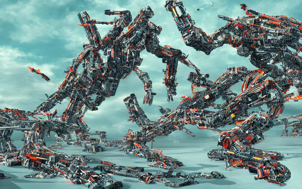 Image similar to giant robot centipede travelling across a broken landscape