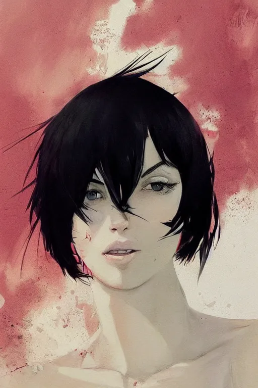 Image similar to a ultradetailed beautiful painting of a stylish woman with a white tank top, she has short black hair with bangs, by conrad roset, greg rutkowski and makoto shinkai trending on artstation