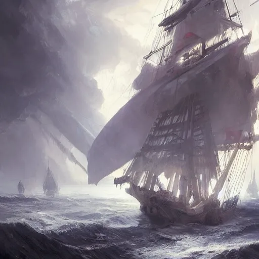 Image similar to detailed white pirate ship with large feathered wings by greg rutkowski, enigmatic atmosphere, beautiful and cinematic lighting, artstation hq.