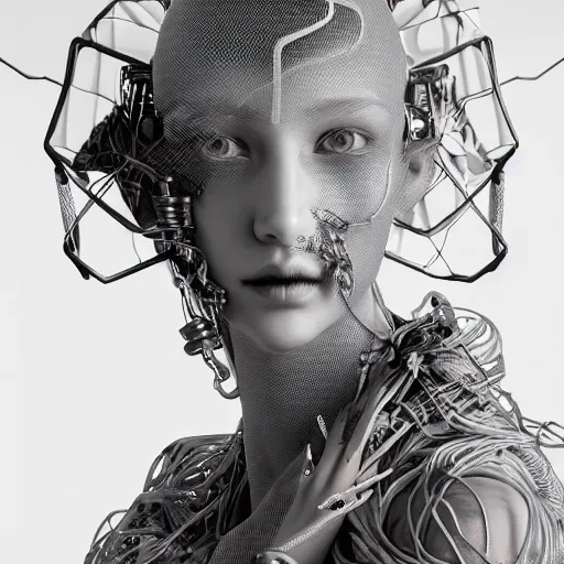 Image similar to the portrait of an absurdly beautiful, graceful, sophisticated, fashionable cyberpunk gravure idol, an ultrafine hyperdetailed illustration by kim jung gi, irakli nadar, matt wisniewski, fashion photography, intricate linework, iridescent wiring, porcelain skin, unreal engine 5 highly rendered, global illumination, radiant light, detailed and intricate environment