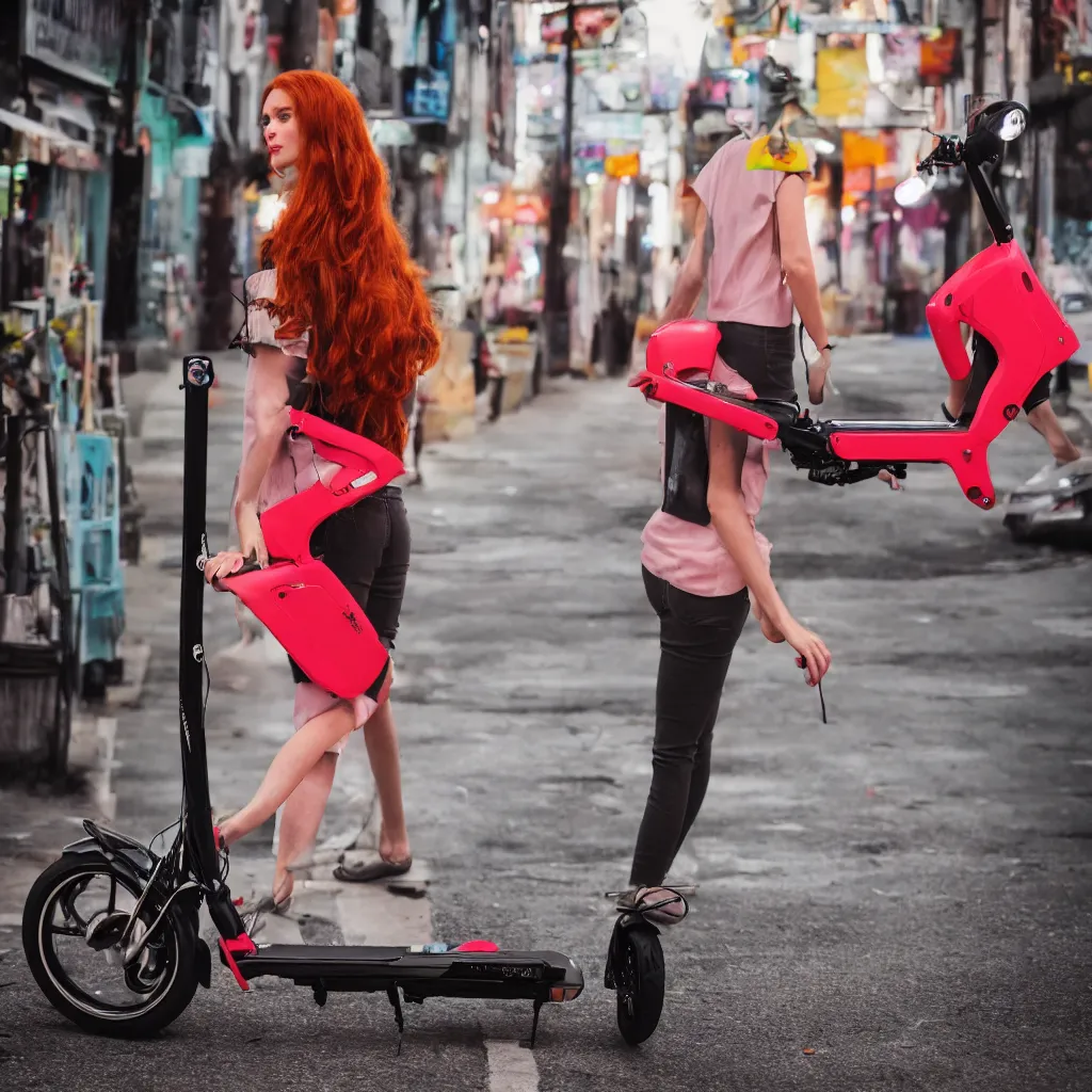 Prompt: redhead woman bellow electric scooter on neon street