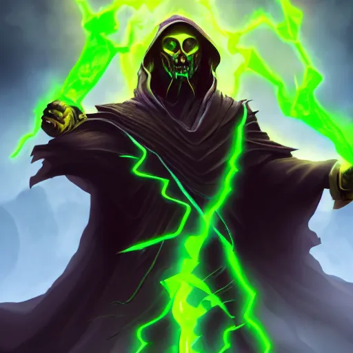 Image similar to illustration of dark priest holding green lightning, black halo, evil, power, green mist, scary, photorealistic, unreal engine, hellish background, mtg, dnd