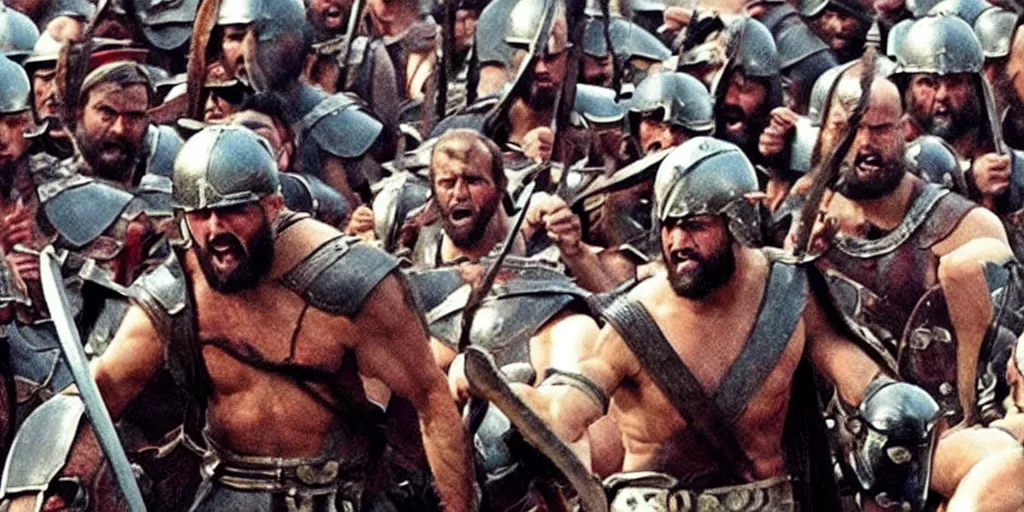 Prompt: Bernie Sanders as Leonidas, with Leonidas beard, leading Spartans into battle at Battle of Thermopylae, in screenshot from the 300 movie