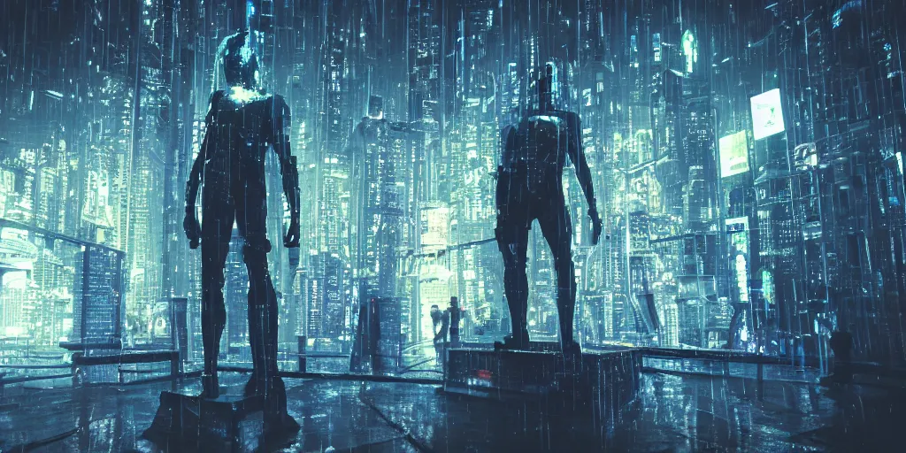 Image similar to cyberpunk statue, rain, space