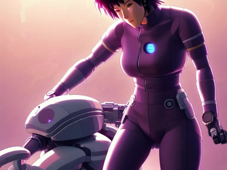 Image similar to a fullbody portrait of motoko kusanagi riding on top of a tachikoma : : stand alone complex, ghost in the shell, netflix : : by ilya kuvshinov, rossdraws, artgerm, sola digital arts, anti aliasing, raytracing : :