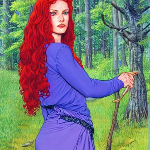 Prompt: beautiful redhead druid, forest in the background, art by Larry Elmore