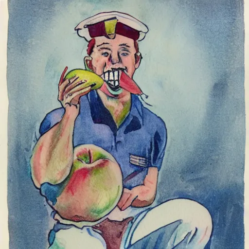 Image similar to a old tattoo of a sailor from the 1 9 4 0 s eating a honeycrisp apple, blues and whites, sketching, watercolor, color restoration, high quality