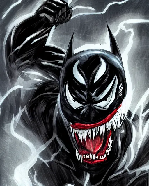 Image similar to venom as batman, with the powers of flash, dynamic lighting, fantasy concept art, trending on art station, stunning visuals, creative, cinematic, ultra detailed, comic strip style, sumihei