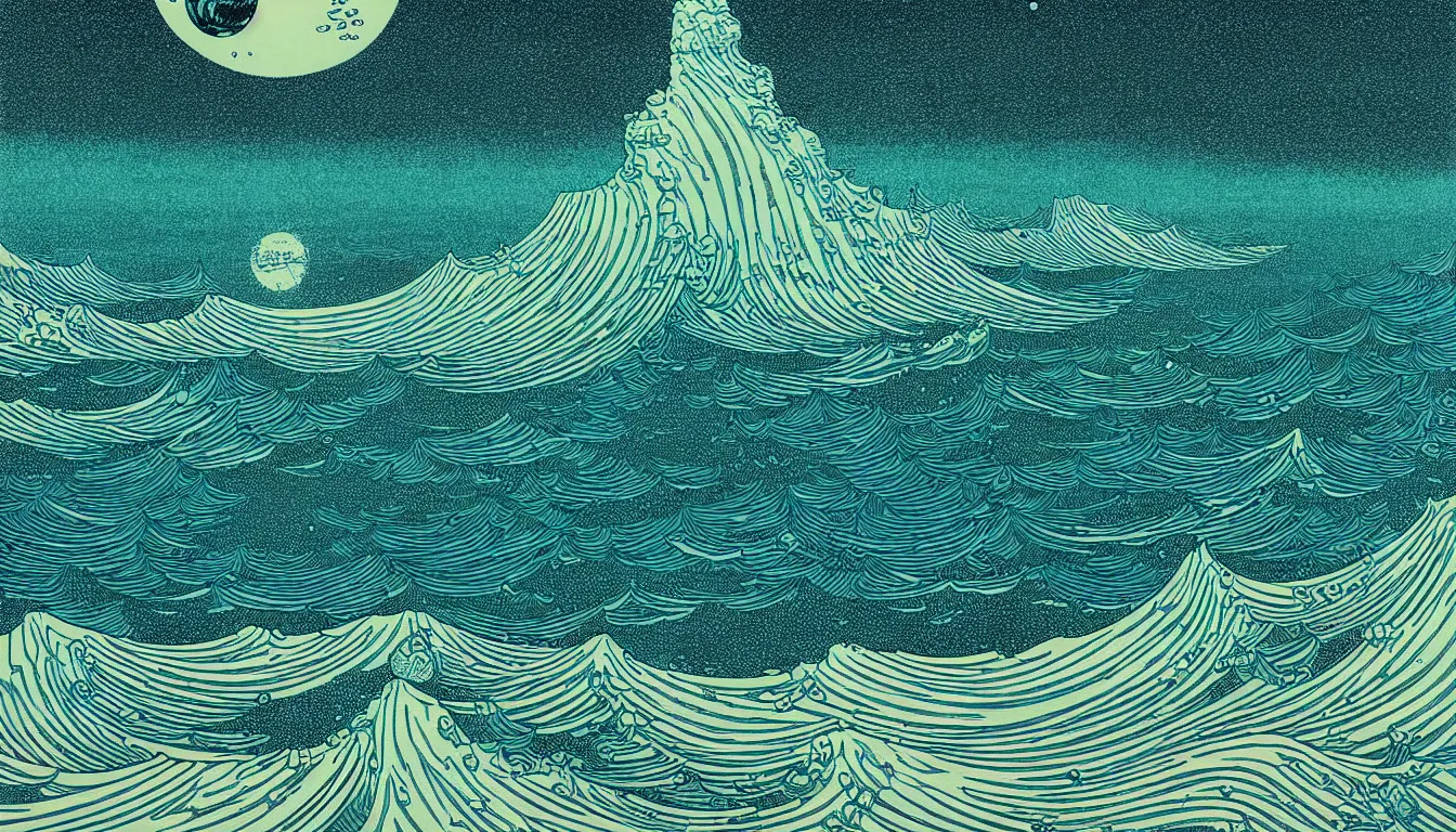 Image similar to ocean horizon by woodblock print, nicolas delort, moebius, victo ngai, josan gonzalez, kilian eng