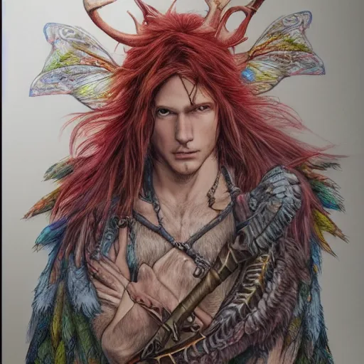 Image similar to hyper realistic color pencil drawing of a male fairy druid with hawk wings, D&D Art, detailed, rim light, diffused, intricate, axe, by anna dittmann