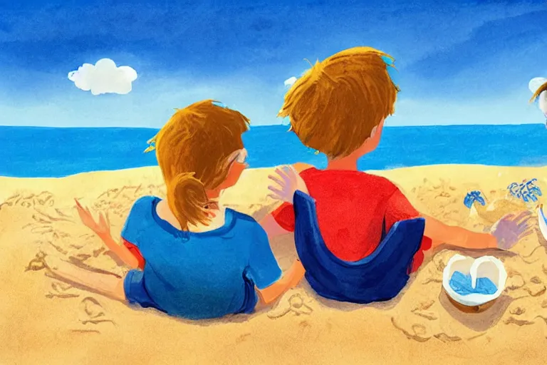 Image similar to Two happy children sitting on the beach making sandcastles, blue sky, HD, comic book, illustration by Benji Davies