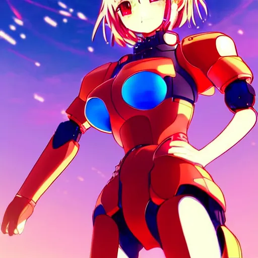 Image similar to digital anime art, wlop, rossdraws, sakimimichan, > > very small cute girl < < standing on a large table, red mech arms and red mech legs,