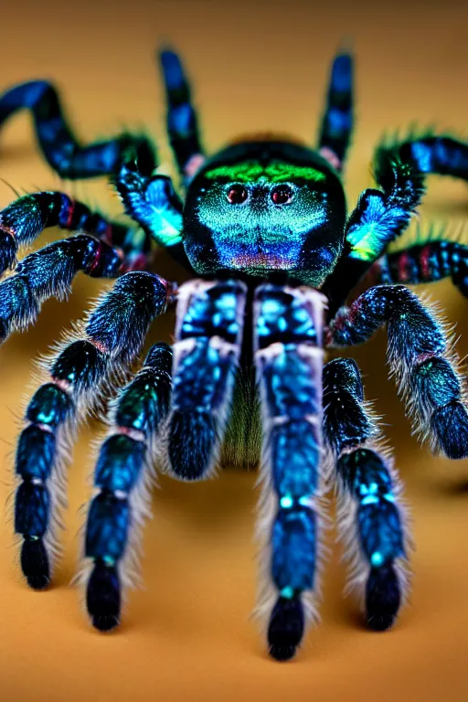 Prompt: high quality macro photo iridescent tarantula! jewelled cute! highly detailed david ligare elson peter cinematic blue lighting high quality low angle hd 8k sharp shallow depth of field