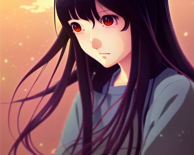 Image similar to beautiful anime girl with long black hair and bangs, fine details portrait, bokeh. anime masterpiece by Studio Ghibli. illustration, sharp high-quality anime illustration in style of Ghibli, Ilya Kuvshinov, Artgerm