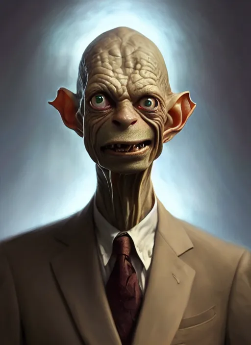 Image similar to portrait of gollum in suit, subsurface scattering, by jesper ejsing, justin gerard, tomasz alen kopera, cgsociety and fenghua zhong, highly detailed, rim light, cinematic lighting, illustration, art, octane render, very coherent, cinematic, hyper realism, high detail, octane render, 8 k