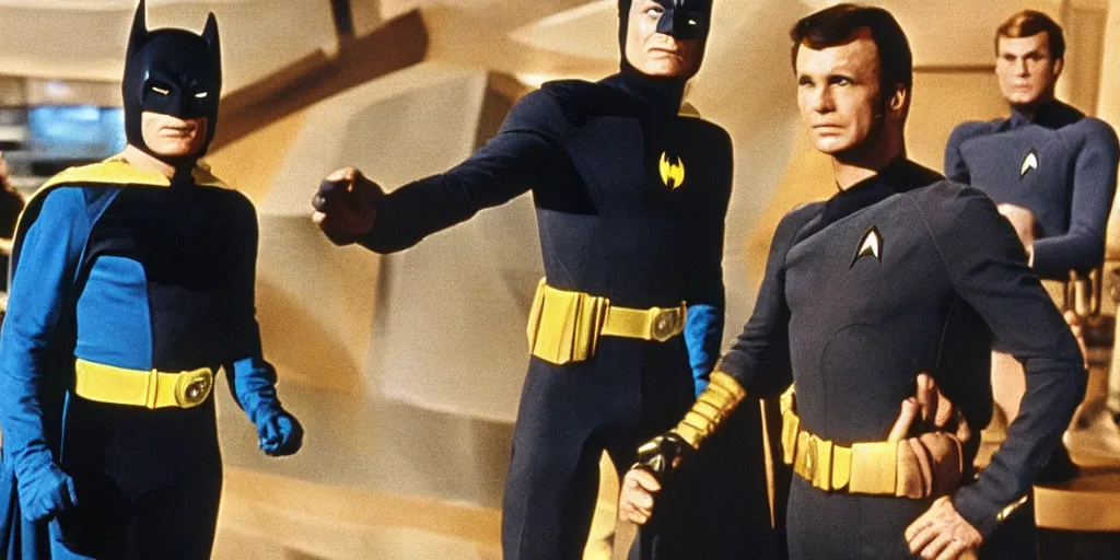 Image similar to Batman, in Starfleet uniform, in the role of Captain Kirk in a scene from Star Trek the original series