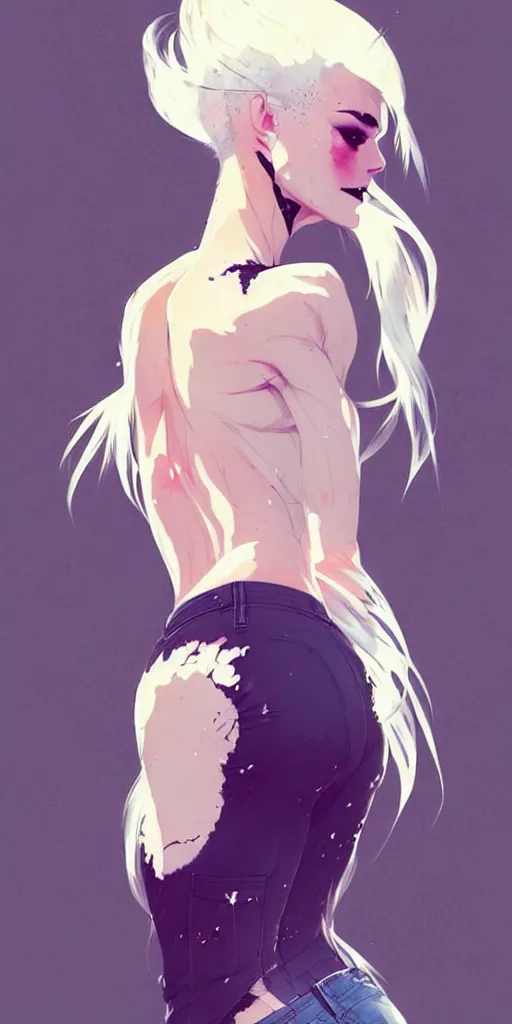 Image similar to a ultradetailed beautiful back painting of a stylish woman with white hair in a short pony tail, she is wearing jeans, by conrad roset, greg rutkowski and makoto shinkai trending on artstation