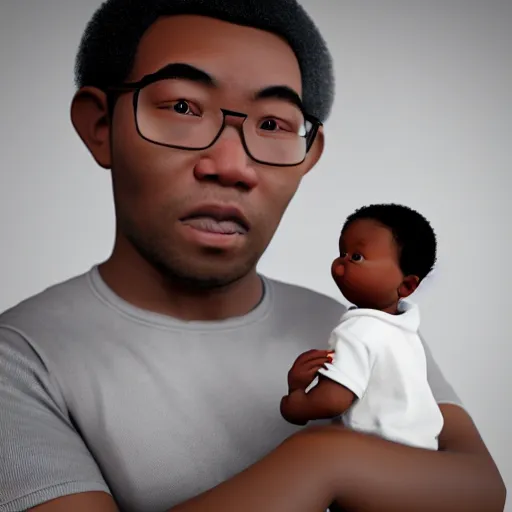 Prompt: black baby held by confused asian man, award winning art, pixar, 3 d render, unreal engine