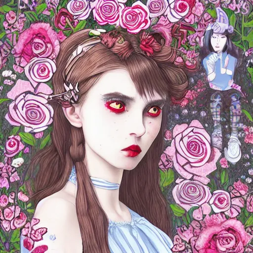 Image similar to Alice in Wonderland at the tea party, she looks like a mix of grimes, Aurora Aksnes and zoë Kravitz, sweet and innocent, surrounded by red and white roses, digital illustration, inspired by Aeon Flux and Japanese shoujo manga, hyper detailed, dreamlike, incredibly ethereal, super photorealistic, muted and pastel shades, extremely fine inking lines