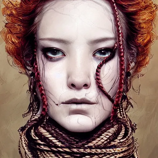 Image similar to portrait of a Shibari rope wrapped face and neck, headshot, insanely nice professional hair style, dramatic hair color, digital painting, of a old 13th century, traveler, amber jewels, baroque, ornate clothing, scifi, realistic, hyperdetailed, chiaroscuro, concept art, art by Franz Hals and Jon Foster and Ayami Kojima and Amano and Karol Bak,