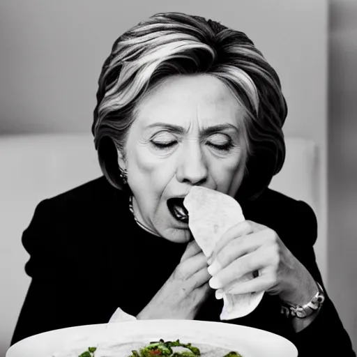 Prompt: black and white photograph of hillary clinton eating a burrito