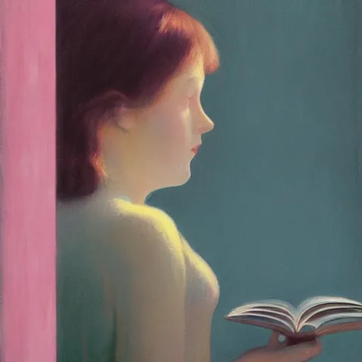 Prompt: close up of a girl with a book, film still by edward hopper, by gottfried helnwein, by klimt, art noveau, highly detailed, strong lights, liminal, eerie, bright pastel colors,