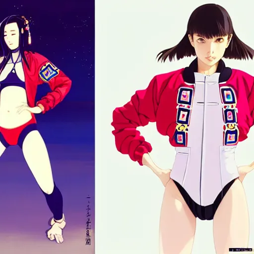 Image similar to a beautiful japanese natalie portman gravure model, wearing oversized native designer bomber jacket and leotard, bulky poofy bomber jacket with mesoamerican patterns, mesoamerican native street fashion, gapmoe yandere grimdark, trending on pixiv fanbox, painted by greg rutkowski makoto shinkai takashi takeuchi studio ghibli, akihiko yoshida