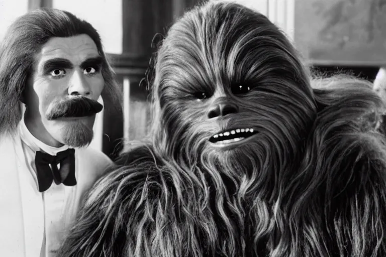 Image similar to A still from the black and white movie where Chewbacca starred alongside Charlie Chaplain