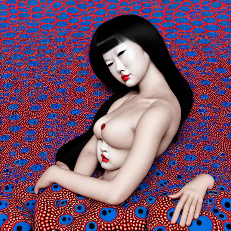 Prompt: hyperrealistic detailed image of a geisha laying in a art installation room, hd smooth interior by yayoi kusama, part by kei mieno, part by ross tran, dark art by james jean, ultra realistic, highly detailed, life like face, detailed body, 8 k, 3 d render by roger magrini, very cohesive, masterpiece