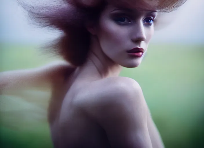 Image similar to cinestill 5 0 d photo of a pre - raffaellite beautiful woman, dreamy, subsurface scattering, hair floating in air in style of paolo roversi, 1 5 0 mm lens, f 1. 2, sharp focus, emotionally evoking, head in focus, stormy outdoor, matt dreamy colour background, volumetric lighting, hyper realistic, ultra detailed