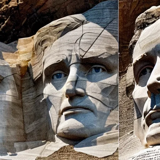 Image similar to donald trump's face carved into the rock on mount rushmore. the photo clearly depicts donald trump's facial features next to other former presidents, at a slightly elevated level, depicting his particular hair style carved into the stone at the mountain top, centered, balances, regal, pensive, powerful, just