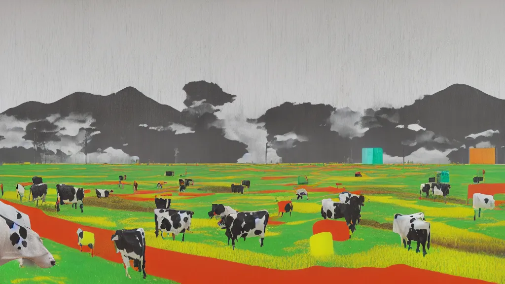 Prompt: cow pasture in saitama japan, a collage painting, in the style of wes anderson, lola dupre, david hockney, isolated on negative white space background dark monochrome neon fluorescent spraypaint accents volumetric octane render