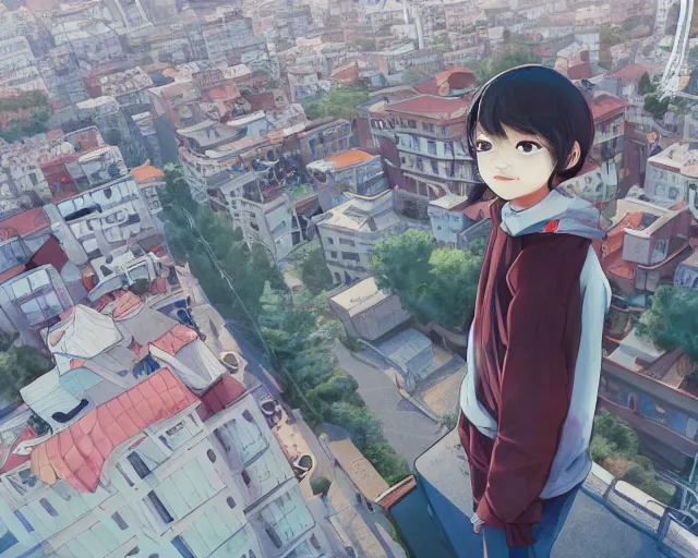 Image similar to teen standing on the roof of a building, sunset, bird eye view, fisheye view, illustration, by pine ( ハイネ ) and 薯 子 imoko and 香 川 悠 作 and wlop and maya takamura, highly detailed, trending artstation, pixiv, digital art